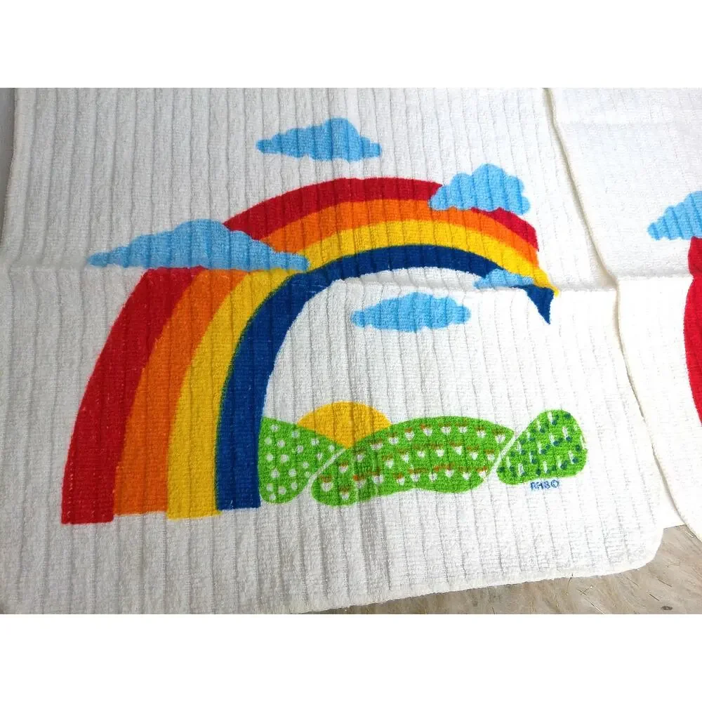 Vintage RA Briggs Rainbow Kitchen Linens Set Towels Potholders 70s 80s Deadstock